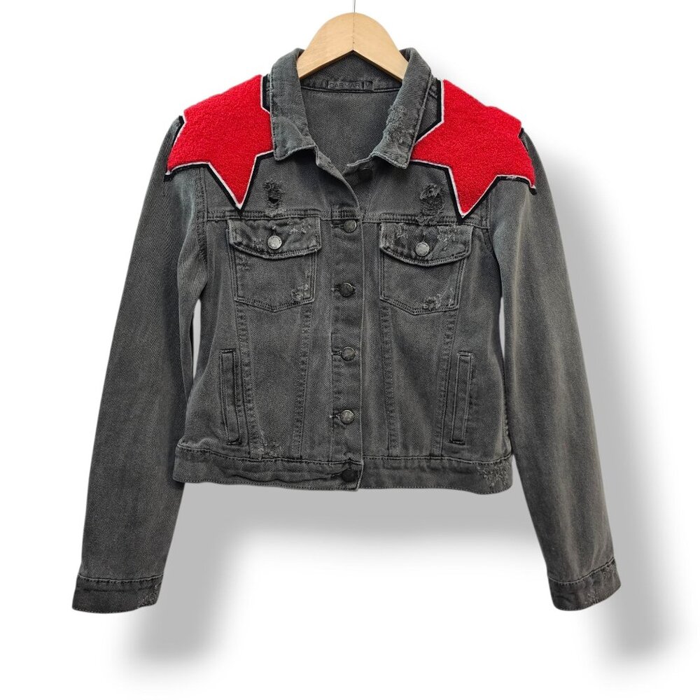 Rare carmar Gray Denim Jacket with Red Star Shoulder Stars. So Cute!